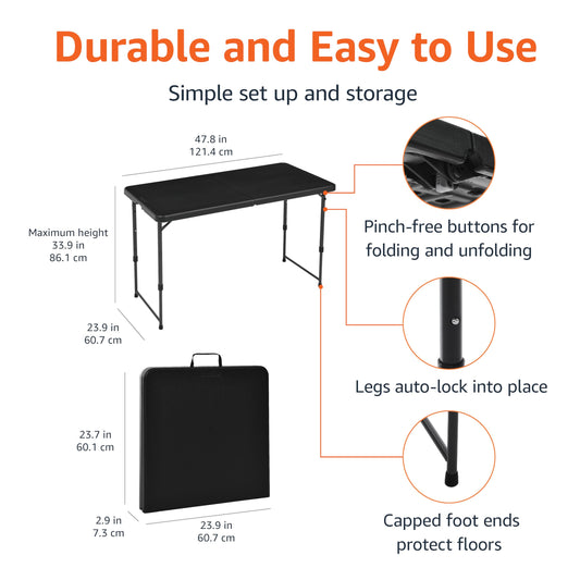 Amazon Basics Portable 4 Ft Rectangular Folding Dining Table, 4 Adjustable Height Settings, Space Saving Fold-in-Half Design and Carrying Handle, Indoor & Outdoor, Washed Black, 47.8 x 23.9 x 33.9 in