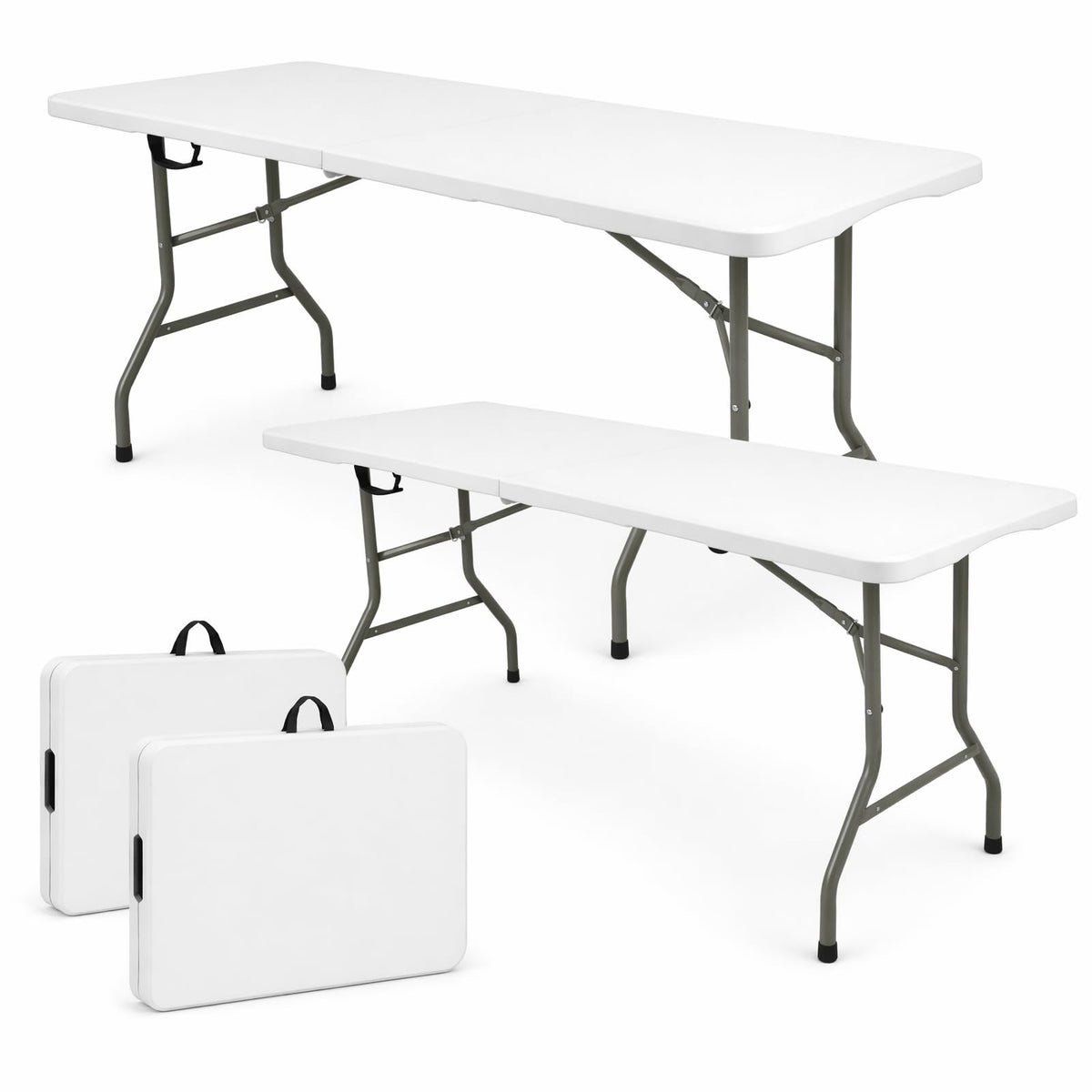 Set of 2 Folding Table 6 FT Lightweight Camping Table White Portable Plastic Rectangular Outdoor Dining Table Steel Legs Fold-in-Half with Carrying Handle for Indoor,Picnic,Party,Wedding,Events