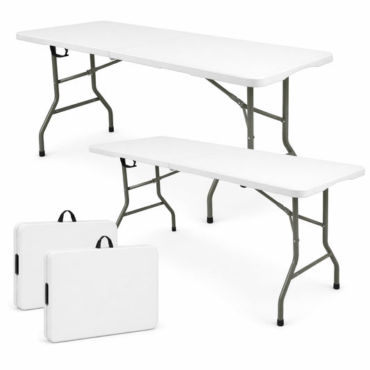 Set of 2 Folding Table 6 FT Lightweight Camping Table White Portable Plastic Rectangular Outdoor Dining Table Steel Legs Fold-in-Half with Carrying Handle for Indoor,Picnic,Party,Wedding,Events