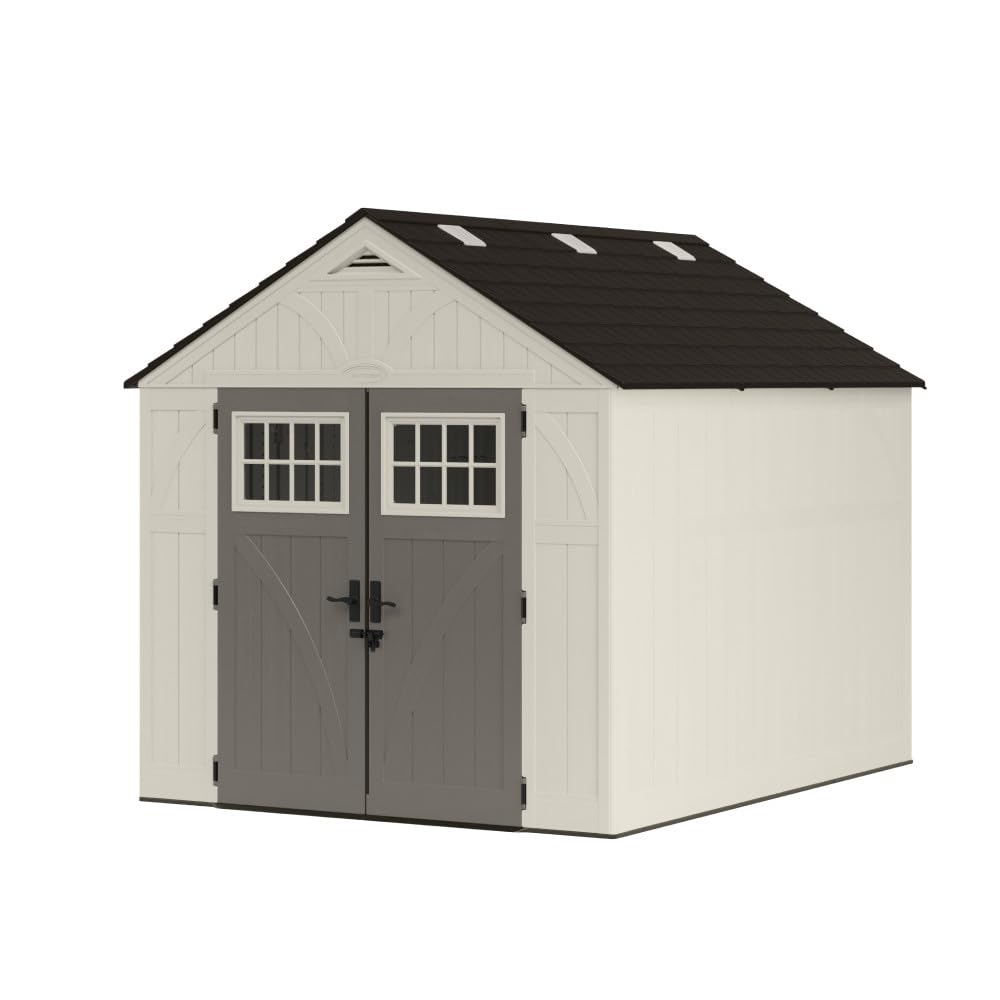 Suncast 8x10 Ft. Outdoor Storage Shed - Large Resin Outdoor Shed with Floor Included, Lockable Double Doors & Skylights. 547 Cu Ft Tremont Garden Resin Sheds for Lawn Tools, Riding Mowers, & Bikes