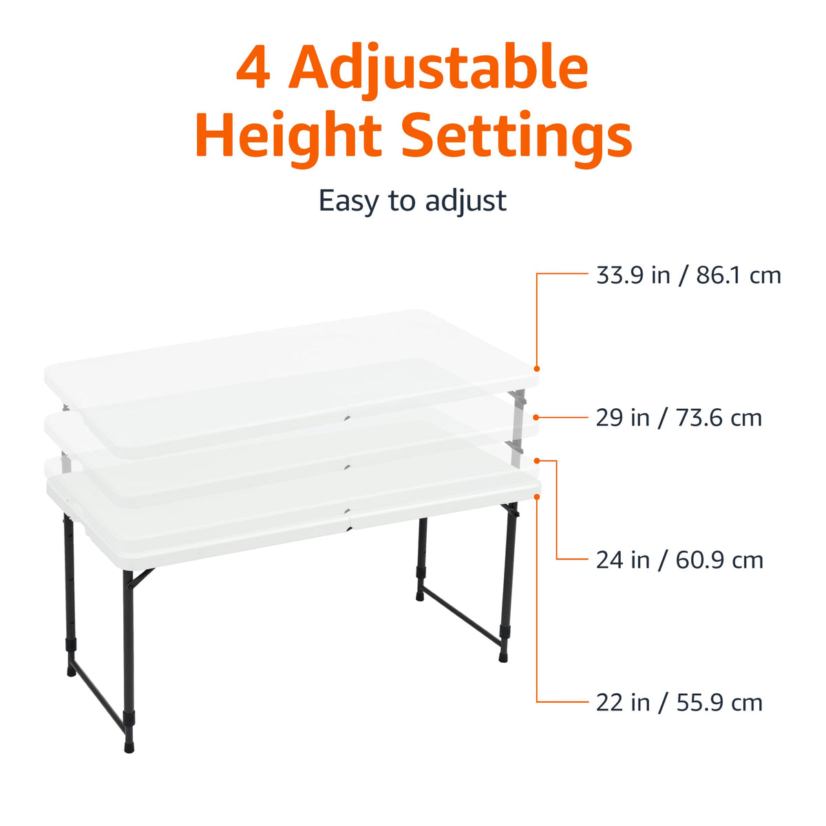 Amazon Basics Portable 4 Foot Rectangular Folding Dining Table, 4 Adjustable Height Settings, Carrying Handle, Indoor & Outdoor, Sturdy for Events, White, 47.8 x 23.9 x 33.9 in