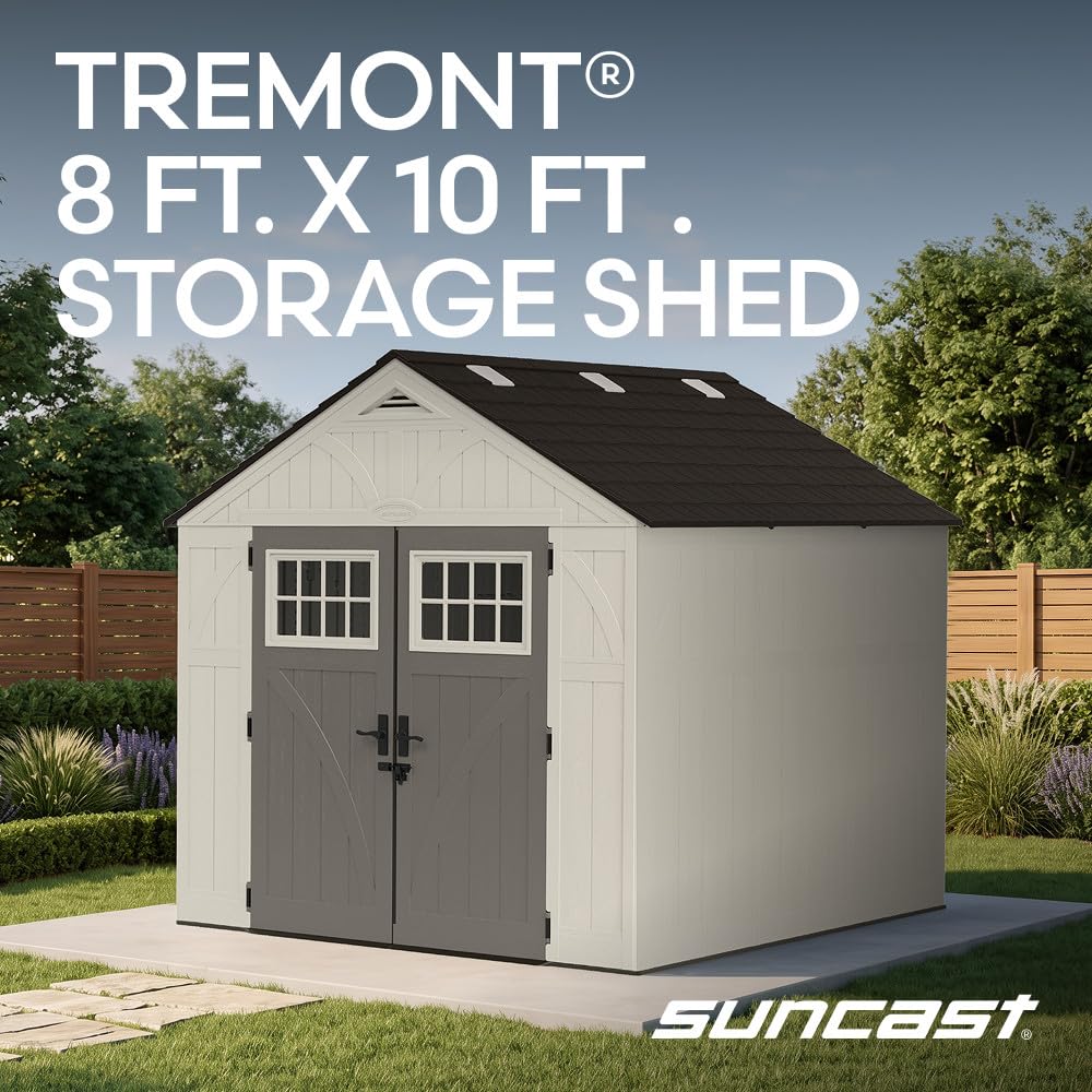 Suncast 8x10 Ft. Outdoor Storage Shed - Large Resin Outdoor Shed with Floor Included, Lockable Double Doors & Skylights. 547 Cu Ft Tremont Garden Resin Sheds for Lawn Tools, Riding Mowers, & Bikes