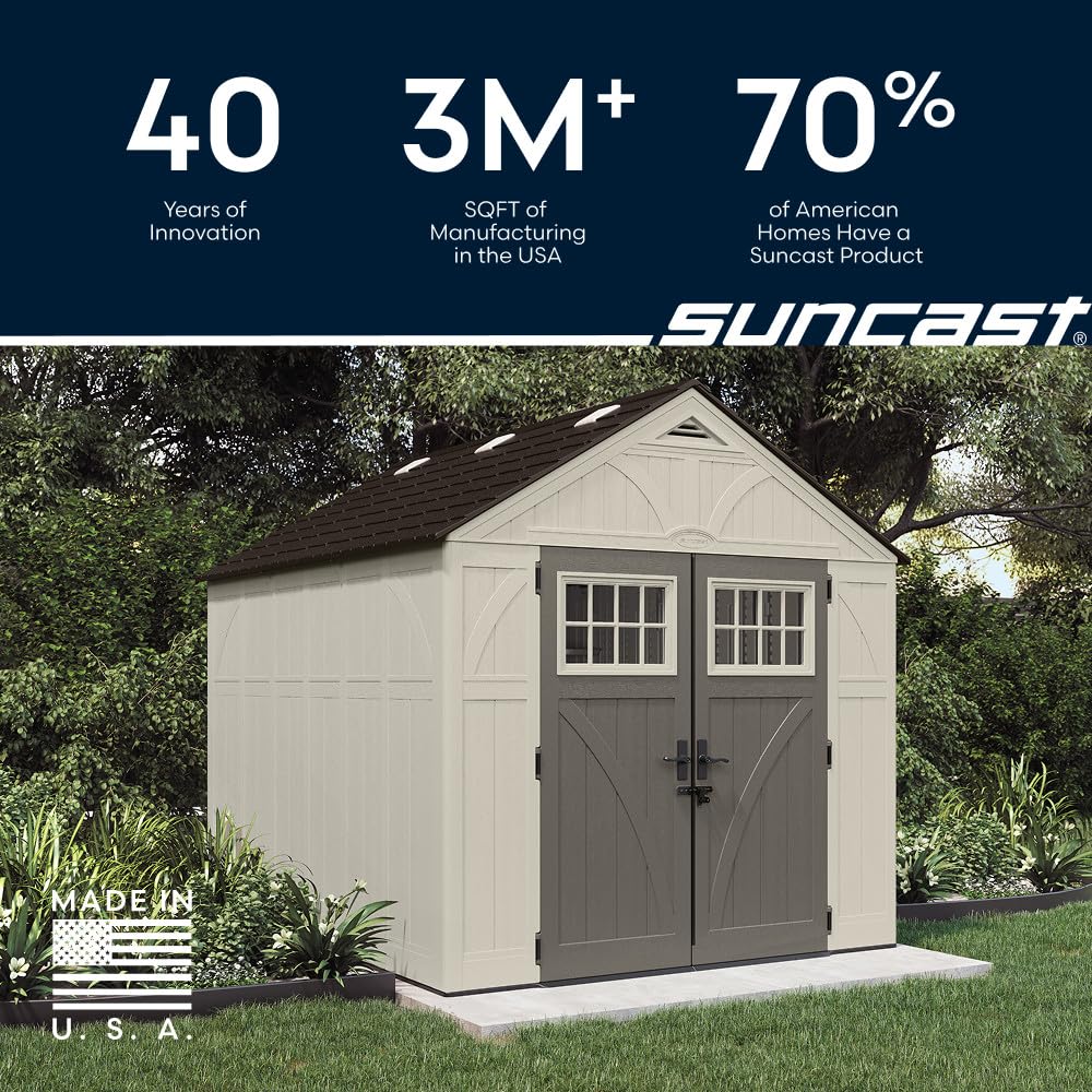 Suncast 8x10 Ft. Outdoor Storage Shed - Large Resin Outdoor Shed with Floor Included, Lockable Double Doors & Skylights. 547 Cu Ft Tremont Garden Resin Sheds for Lawn Tools, Riding Mowers, & Bikes