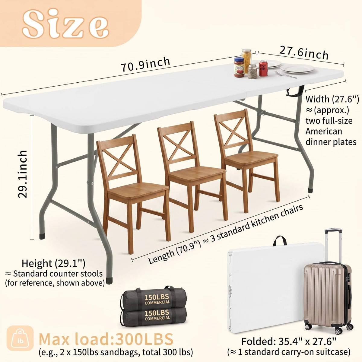 Set of 2 Folding Table 6 FT Lightweight Camping Table White Portable Plastic Rectangular Outdoor Dining Table Steel Legs Fold-in-Half with Carrying Handle for Indoor,Picnic,Party,Wedding,Events