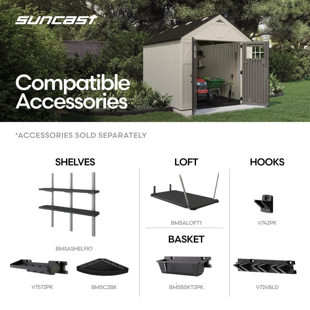 Suncast 8x10 Ft. Outdoor Storage Shed - Large Resin Outdoor Shed with Floor Included, Lockable Double Doors & Skylights. 547 Cu Ft Tremont Garden Resin Sheds for Lawn Tools, Riding Mowers, & Bikes