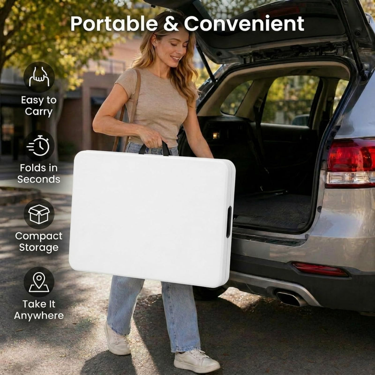 Set of 2 Folding Table 6 FT Lightweight Camping Table White Portable Plastic Rectangular Outdoor Dining Table Steel Legs Fold-in-Half with Carrying Handle for Indoor,Picnic,Party,Wedding,Events