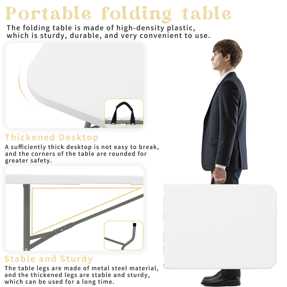 Set of 2 Folding Table 6 FT Lightweight Camping Table White Portable Plastic Rectangular Outdoor Dining Table Steel Legs Fold-in-Half with Carrying Handle for Indoor,Picnic,Party,Wedding,Events