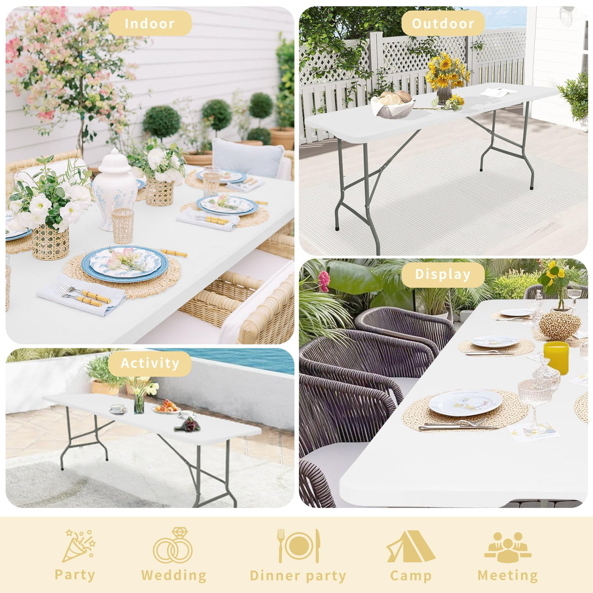 Set of 2 Folding Table 6 FT Lightweight Camping Table White Portable Plastic Rectangular Outdoor Dining Table Steel Legs Fold-in-Half with Carrying Handle for Indoor,Picnic,Party,Wedding,Events