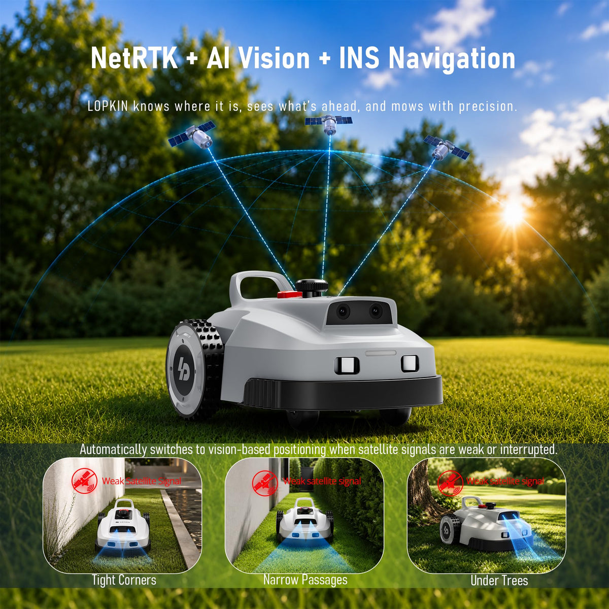 LOPKIN L2500-NEO Robot Lawn Mower for 0.9 Acres, NetRTK + AI Vision Lawnmower Robot, Wi-Fi HaLow Connectivity, No Boundary Wire, AI Obstacle Avoidance, App Control, 60dB Quiet, Multi-Zone Management
