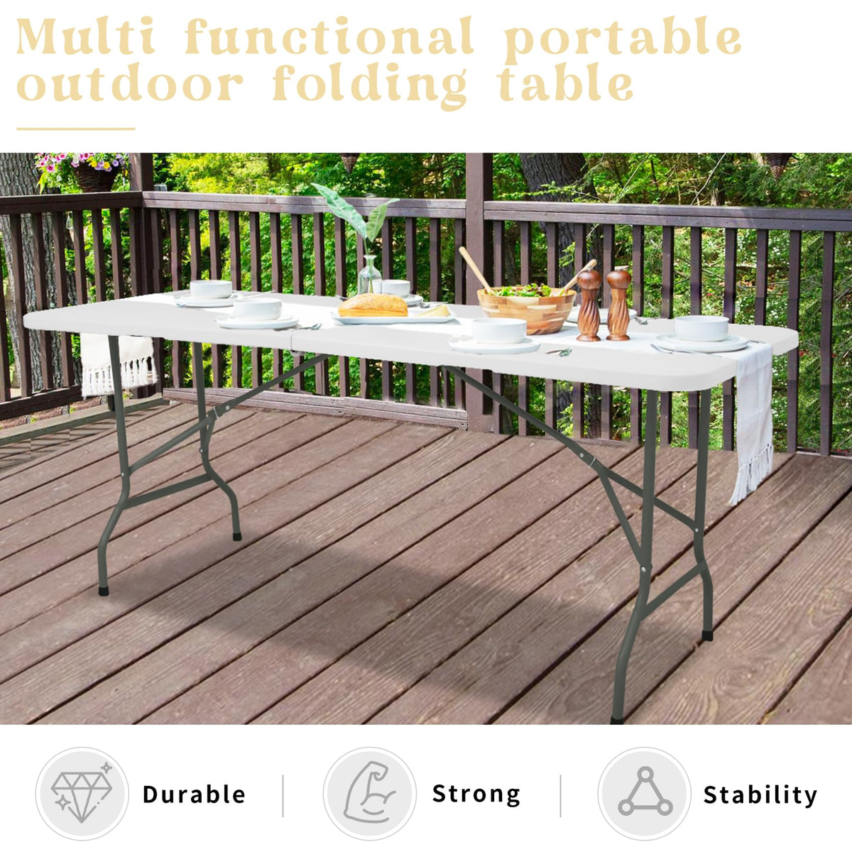 Set of 2 Folding Table 6 FT Lightweight Camping Table White Portable Plastic Rectangular Outdoor Dining Table Steel Legs Fold-in-Half with Carrying Handle for Indoor,Picnic,Party,Wedding,Events