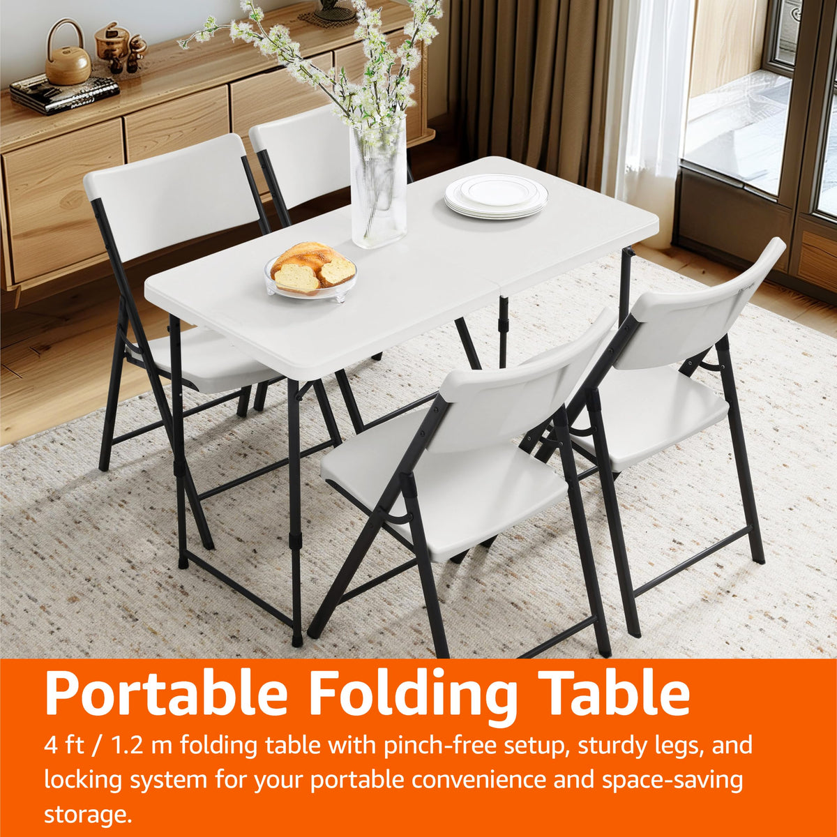 Amazon Basics Portable 4 Foot Rectangular Folding Dining Table, 4 Adjustable Height Settings, Carrying Handle, Indoor & Outdoor, Sturdy for Events, White, 47.8 x 23.9 x 33.9 in
